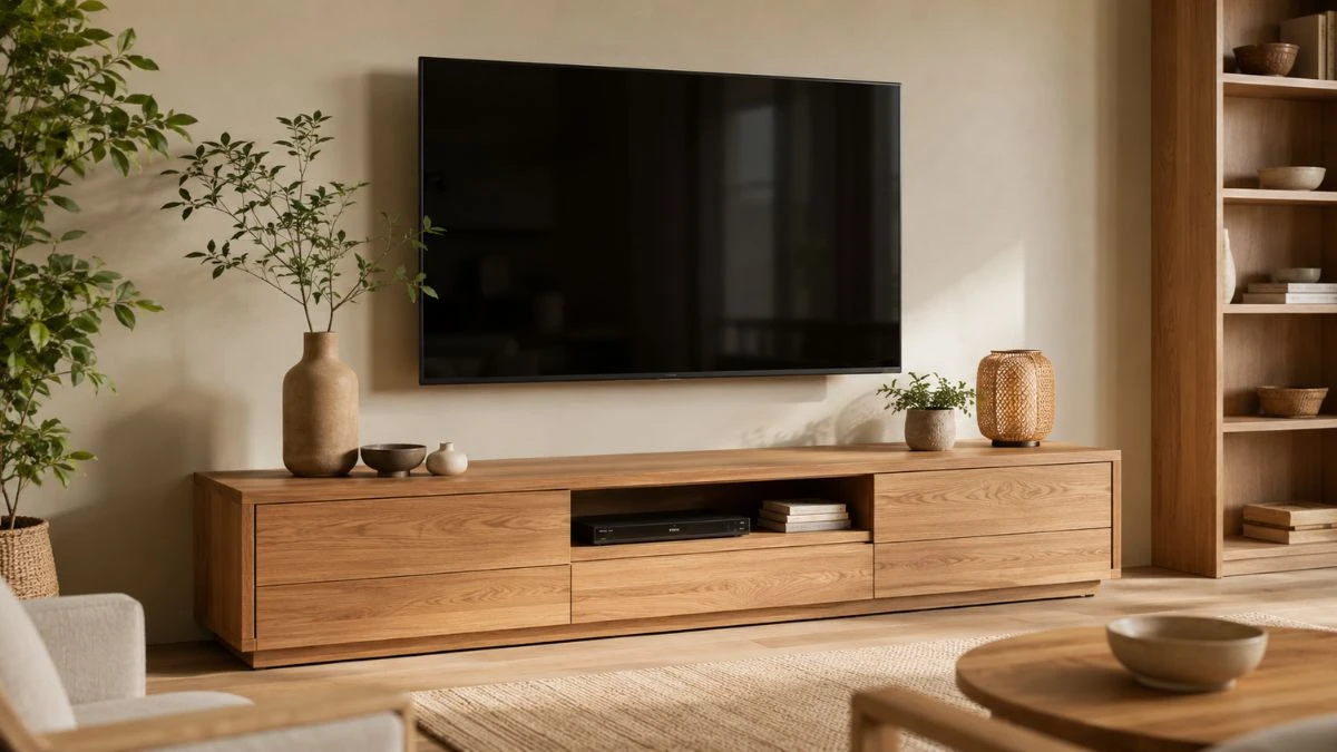 Rak TV kayu solid dengan serat natural di ruang keluarga bergaya Japandi dengan tanaman dan dekorasi minimal