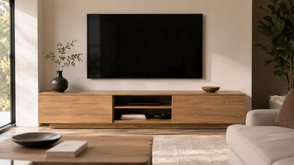 Rak TV minimalis berbahan MFC board motif wood grain dengan TV besar di ruang keluarga modern minimalis