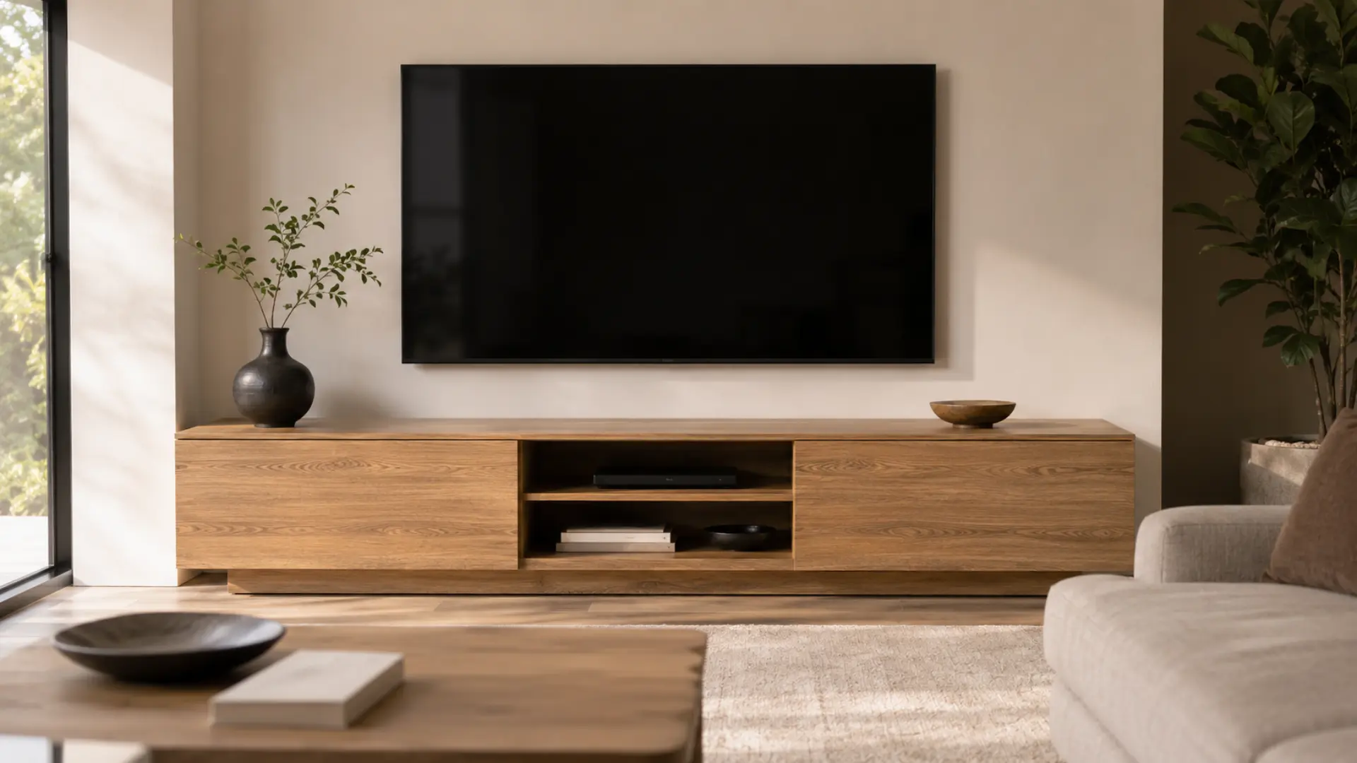 Rak TV minimalis berbahan MFC board motif wood grain dengan TV besar di ruang keluarga modern minimalis