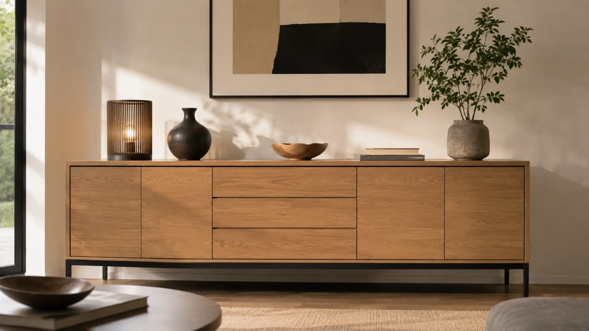 Credenza MFC board motif wood grain dengan kaki metal di ruang tamu modern dengan dekorasi minimalis