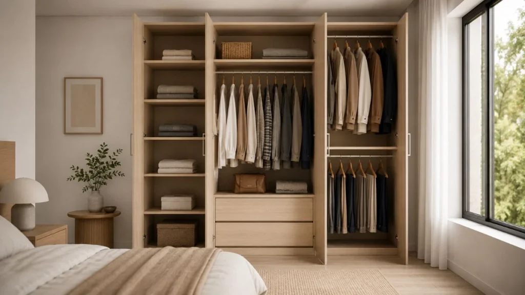 Wardrobe 3 pintu berbahan MFC board dengan interior terorganisir di kamar tidur modern