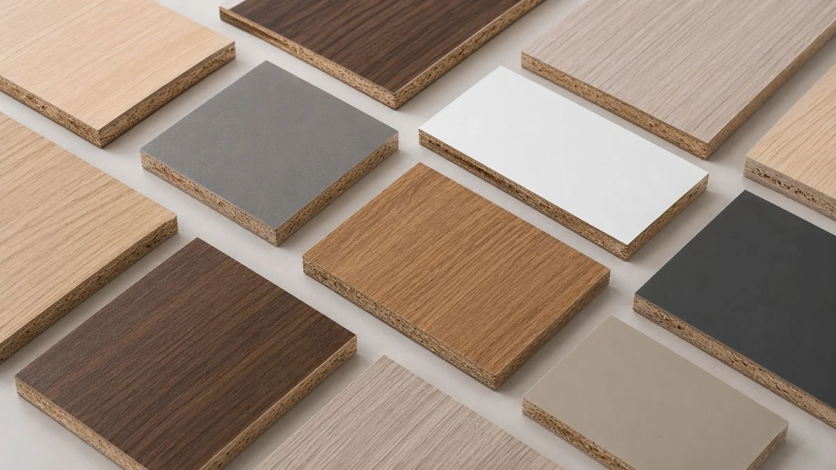 Koleksi sampel warna MFC board solid dan wood grain tersusun rapi menampilkan berbagai pilihan motif melamin