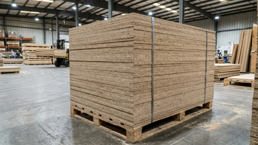 Lembaran partikel board berkualitas tinggi di gudang produksi