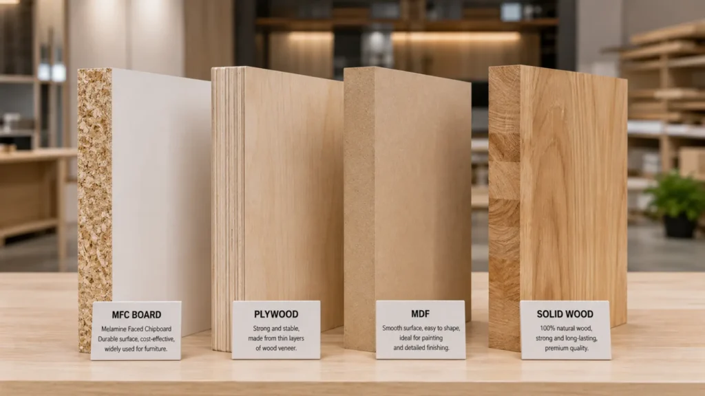 Bahan lemari terbaik perbandingan MFC board plywood MDF dan solid wood ditampilkan berdampingan dengan karakteristik masing-masing