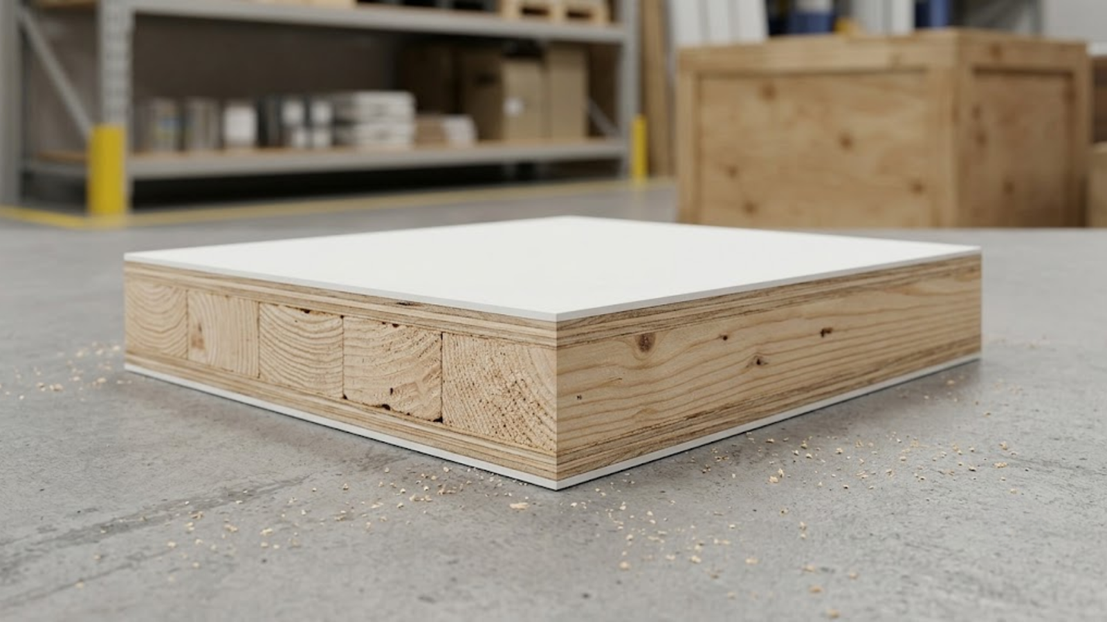 Struktur inti blockboard melamin dengan batangan kayu solid dan lapisan melamine
