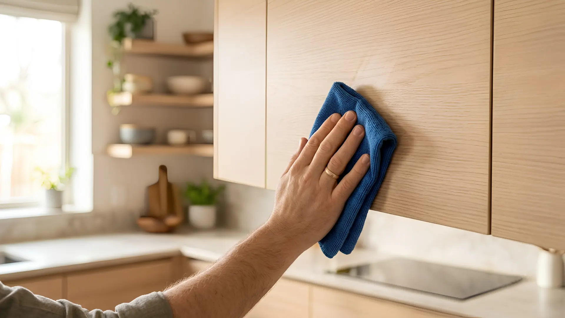 Cara membersihkan MFC board menggunakan kain microfiber lembap di kitchen set