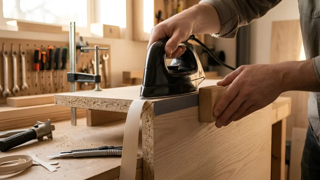Proses cara pasang edge banding pada tepi panel particle board menggunakan setrika
