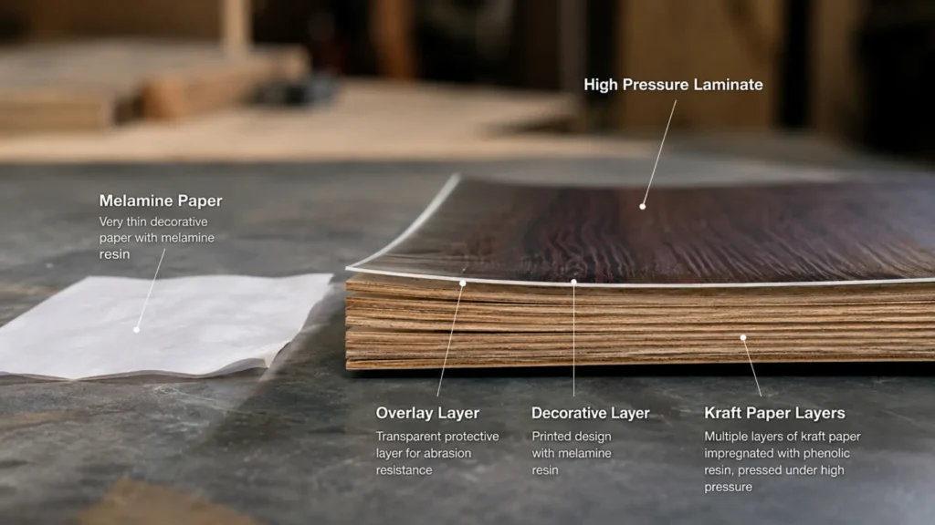 HPL board adalah lembaran High Pressure Laminate dengan struktur berlapis kertas kraft dan lapisan dekoratif yang terlihat di sisi potongan