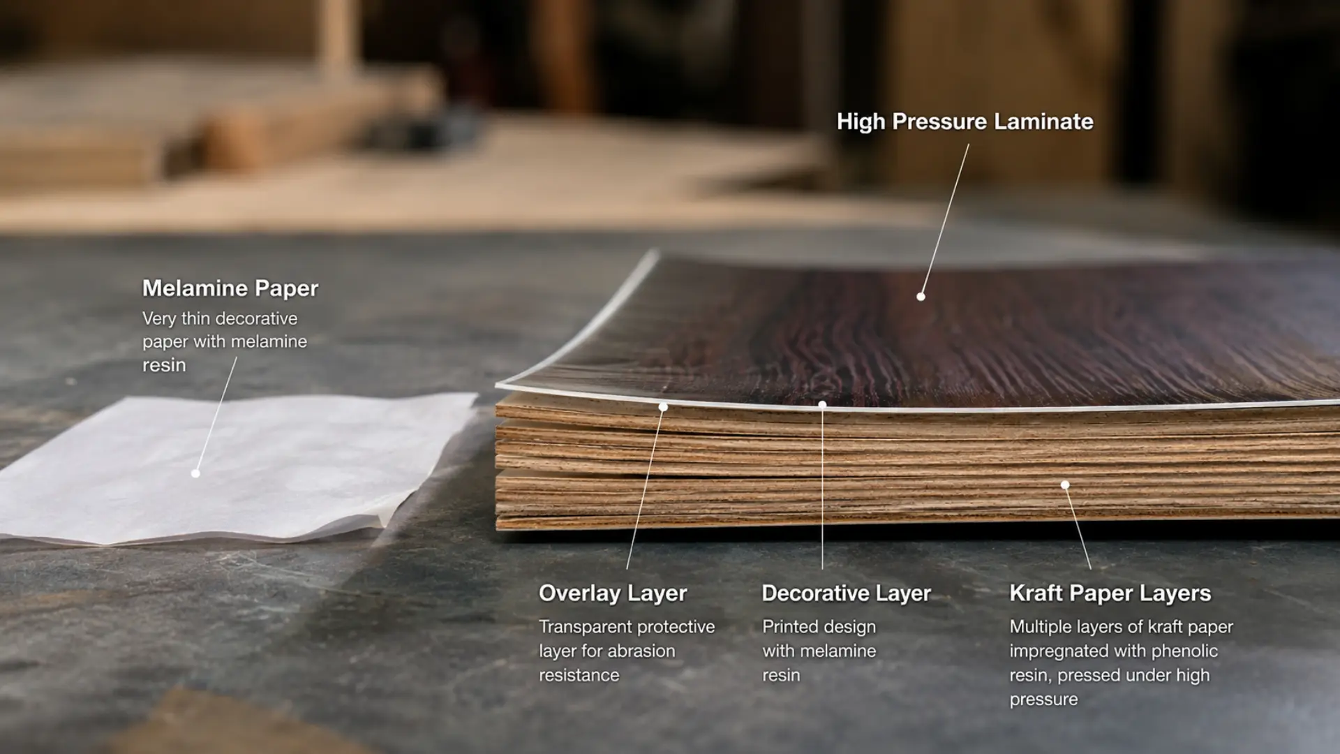 HPL board adalah lembaran High Pressure Laminate dengan struktur berlapis kertas kraft dan lapisan dekoratif yang terlihat di sisi potongan