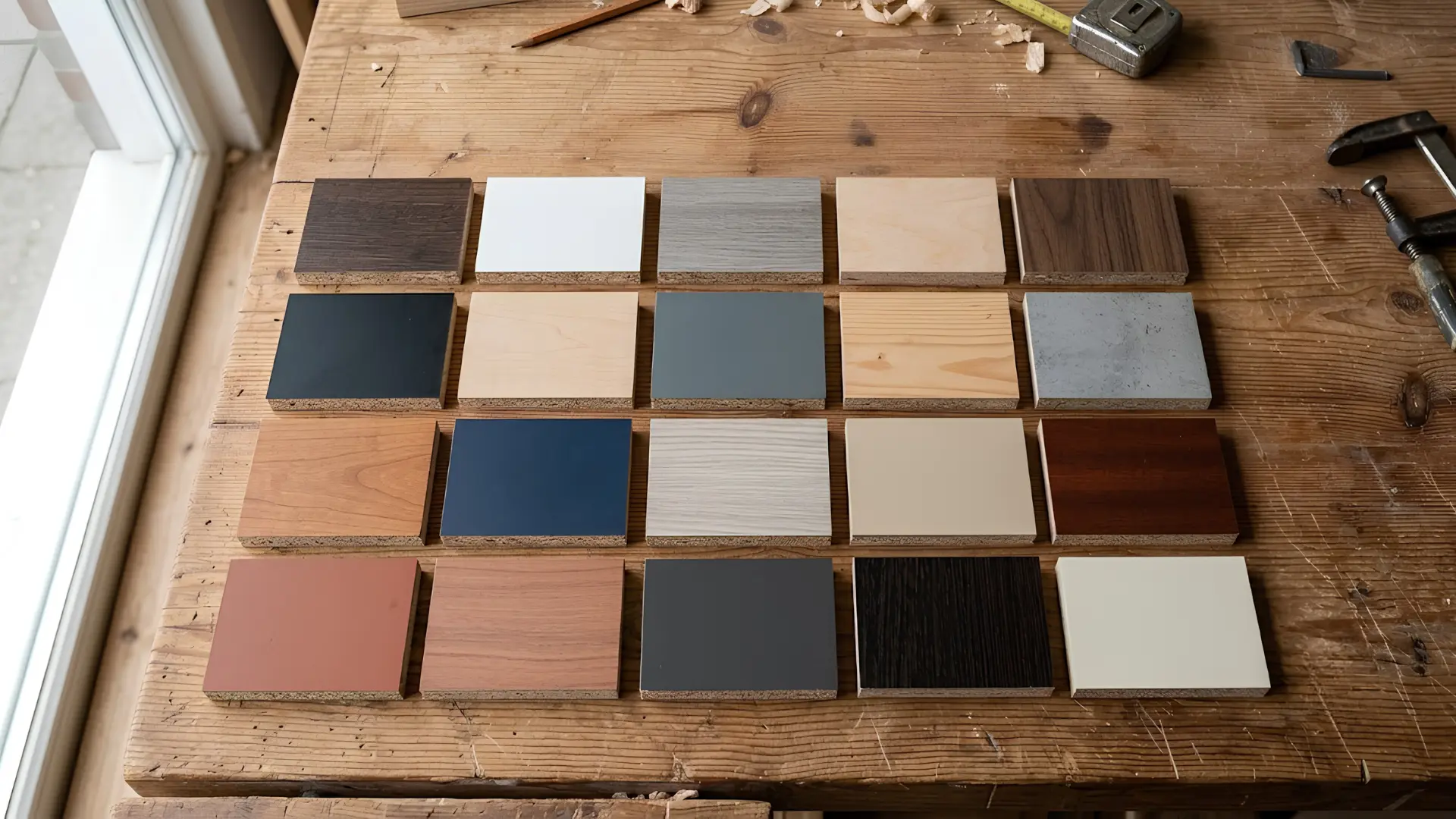 Berbagai jenis particle board dengan variasi density dan lapisan permukaan