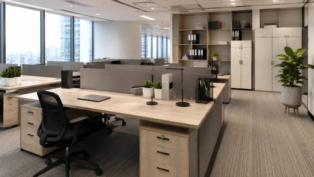 Material furniture kantor terbaik menggunakan MFC board pada meja kerja modern