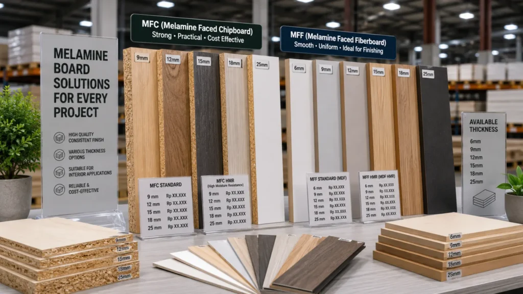 Melamine board harga berbagai ketebalan dan jenis MFC MFF dan triplek melamin ditampilkan dengan label harga estimasi