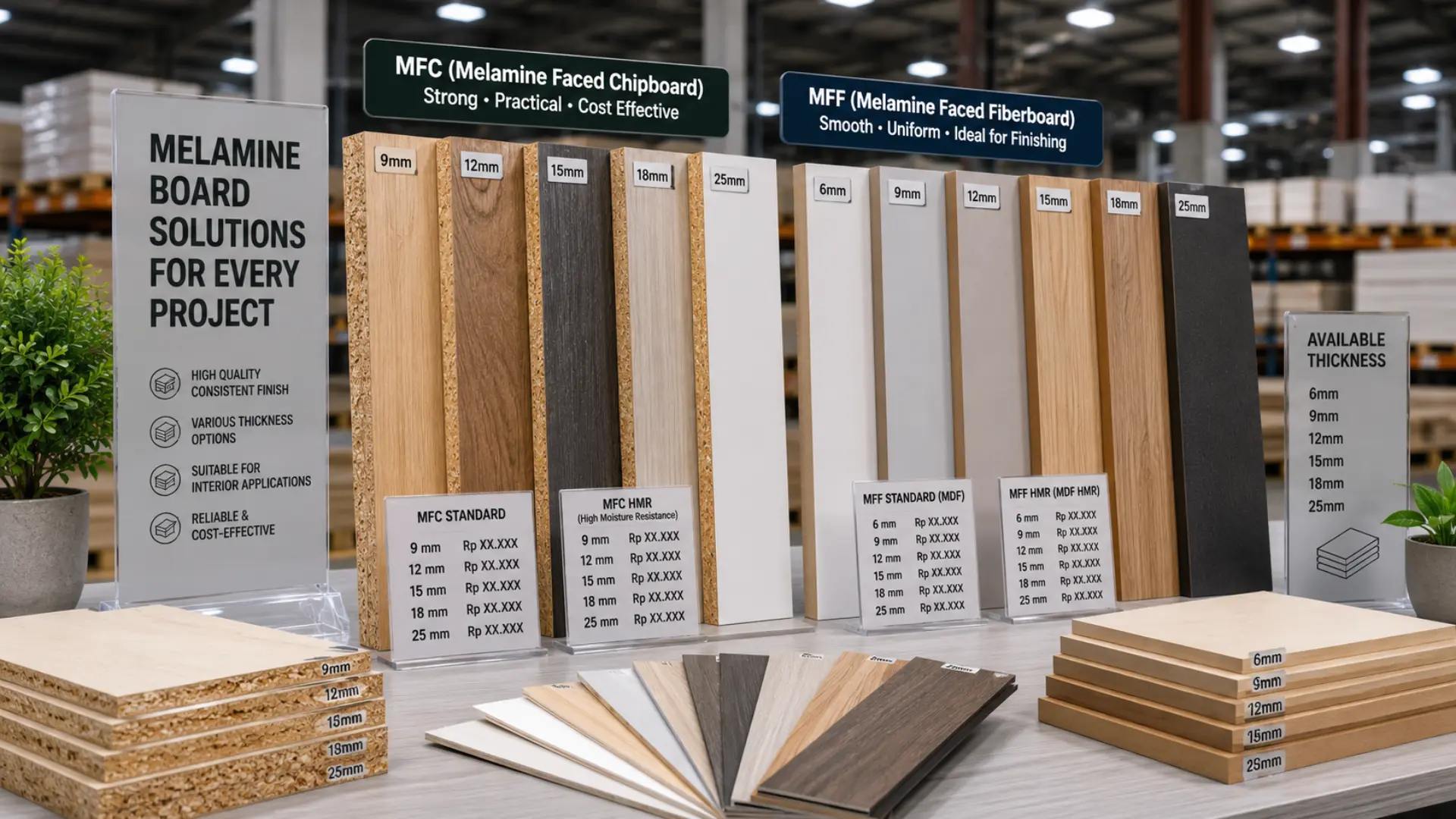 Melamine board harga berbagai ketebalan dan jenis MFC MFF dan triplek melamin ditampilkan dengan label harga estimasi