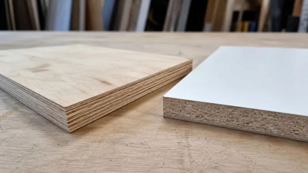 Perbandingan tekstur melamine plywood dan MFC board di workshop furnitur