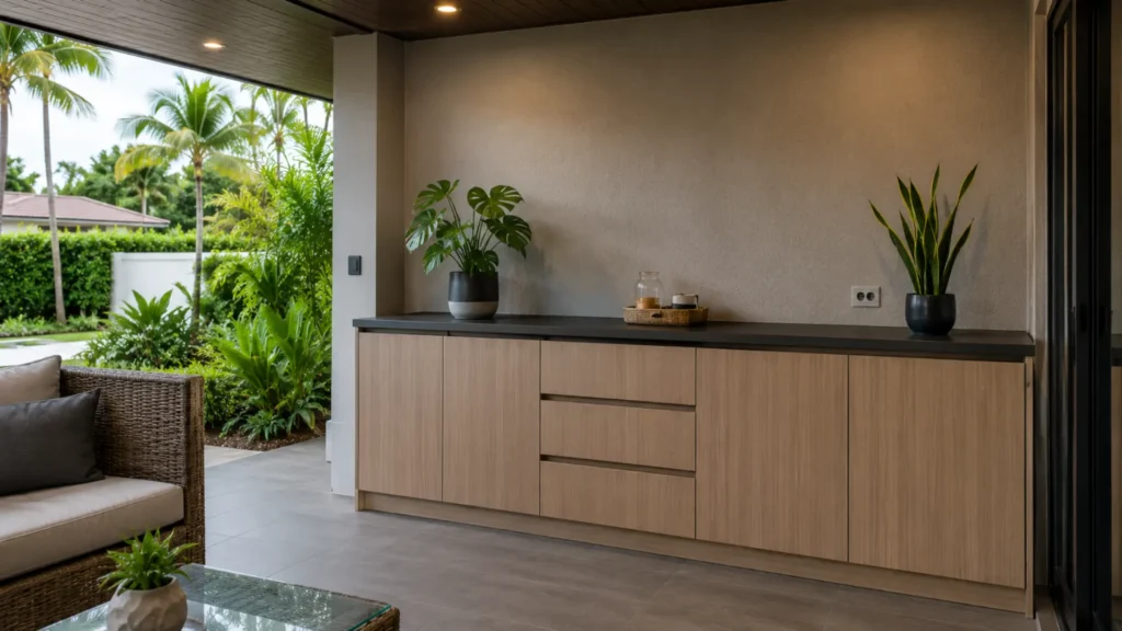 MFC board untuk area semi outdoor pada kabinet teras beratap