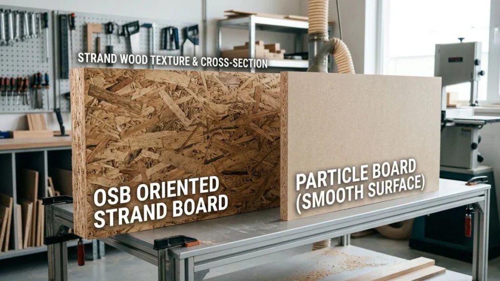 OSB board adalah panel Oriented Strand Board dengan tekstur strand kayu panjang yang terlihat jelas di permukaan dan sisi potongan