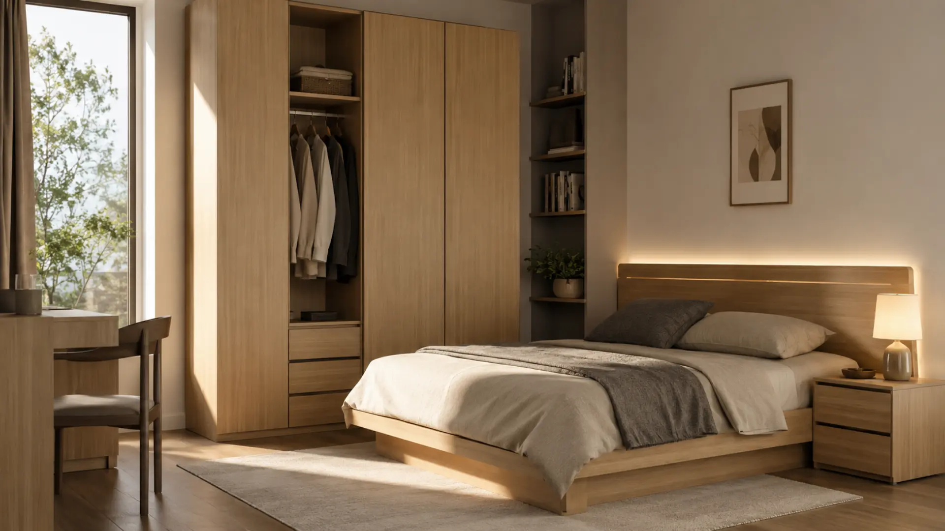 Particle board furniture lemari pakaian dan kabinet MFC board modern di kamar tidur dengan tampilan wood grain premium