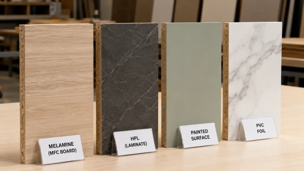Pelapis partikel board berbagai jenis melamin HPL cat duco dan PVC foil ditampilkan berdampingan dengan hasil akhir masing-masing