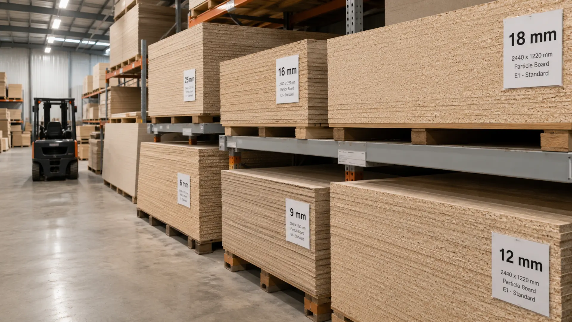 Toko partikel board terdekat dengan stok panel berbagai ketebalan tersusun rapi di gudang distributor material furnitur