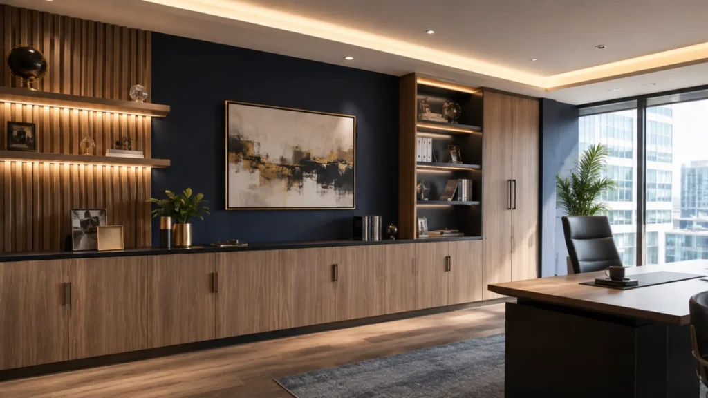 Material credenza dan kabinet kantor modern dari panel kayu olahan