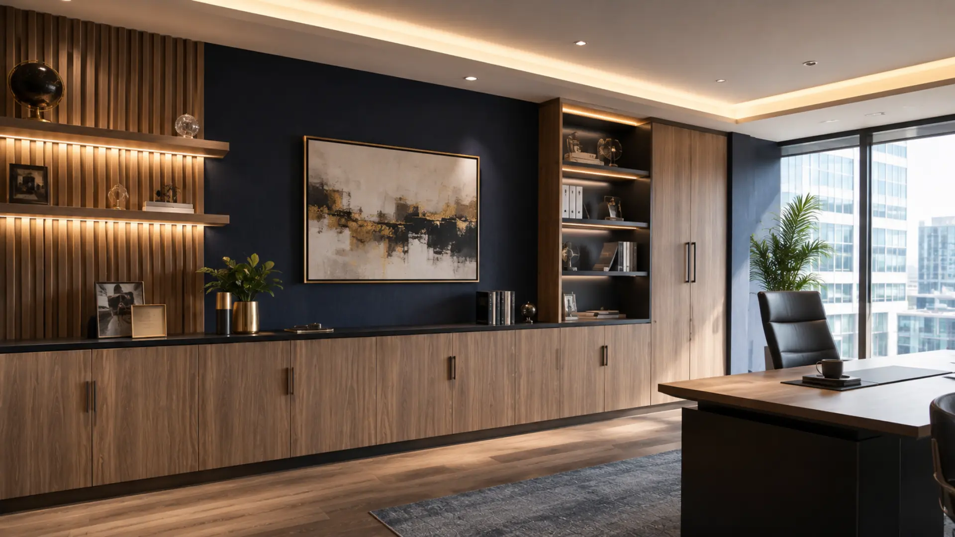 Material credenza dan kabinet kantor modern dari panel kayu olahan
